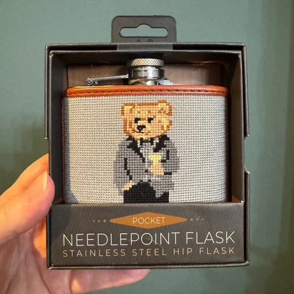 New Blksmith Dapper Teddy Bear Needlepoint Bear Stainless Steel Flask 6 oz - Picture 1 of 3